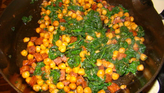 Fried chickpeas with Chorizo and Spinach
